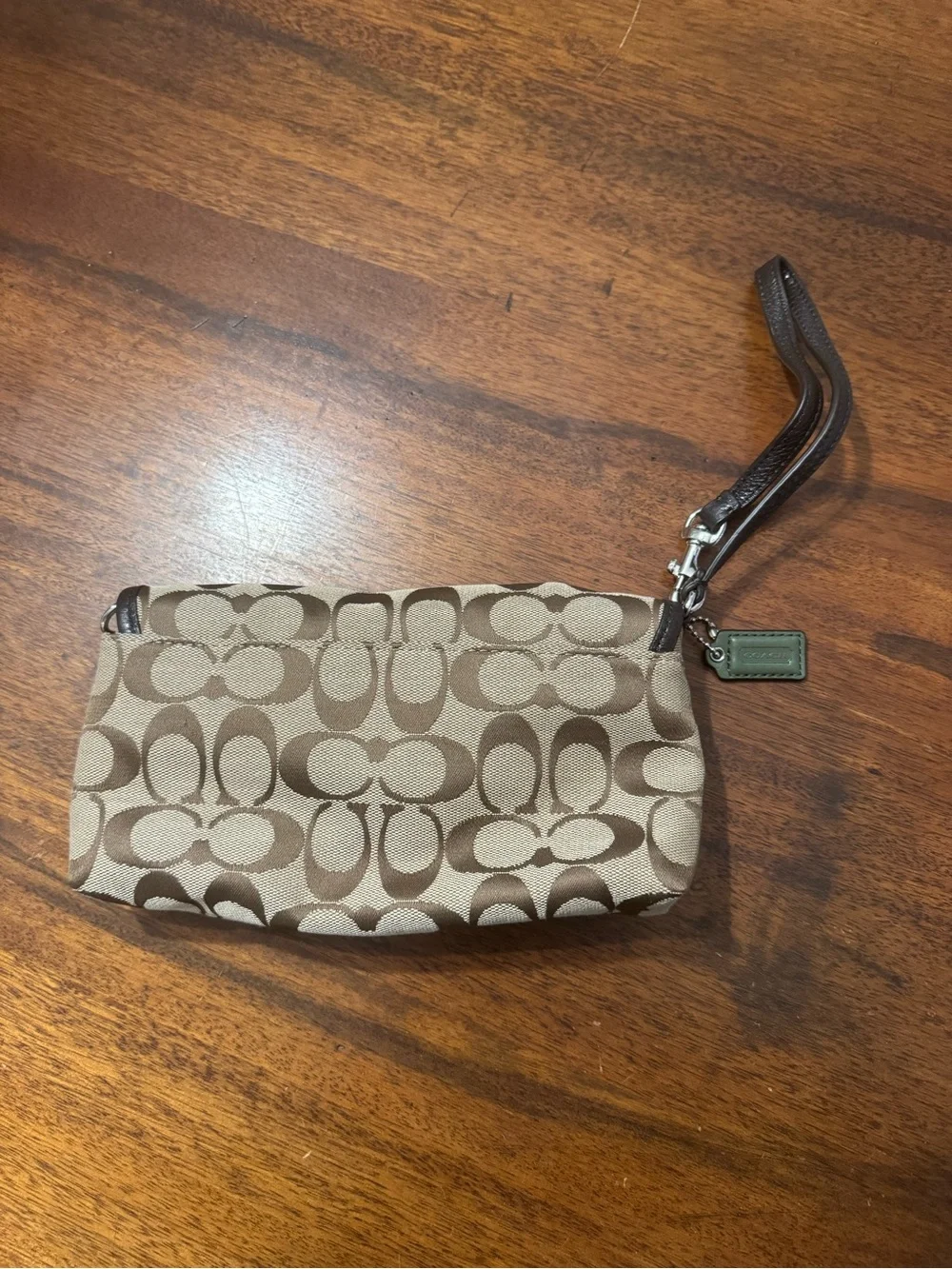 Coach Brown Signature Canvas Wristlet with Leather Trim